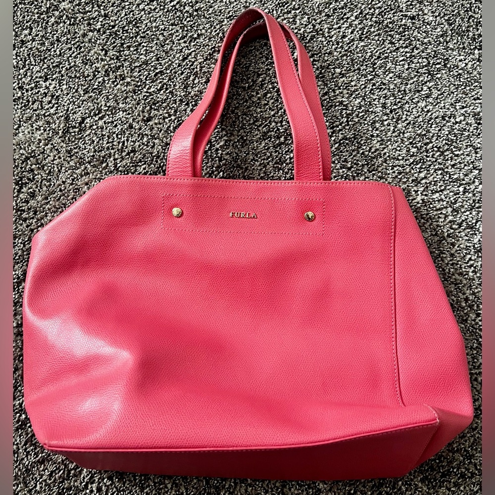 Furla Bubblegum Pink Pebbled Leather Tote with Gold Accents